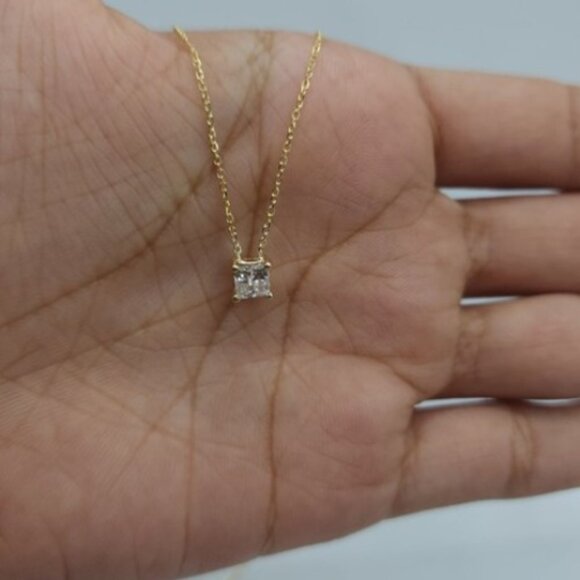 14Kt Gold 1 Ct Lab Grown Princess Cut Diamond Pendant Necklace - Picture 9 of 13